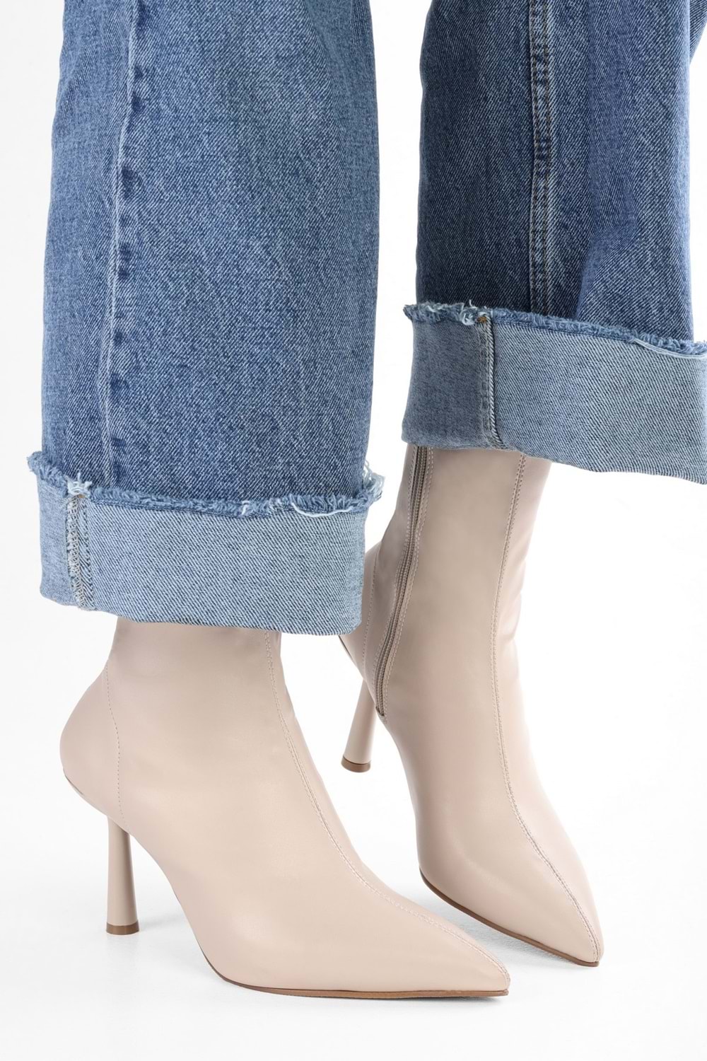 Kadın Glove Bej Cilt Streç Topuklu Bot