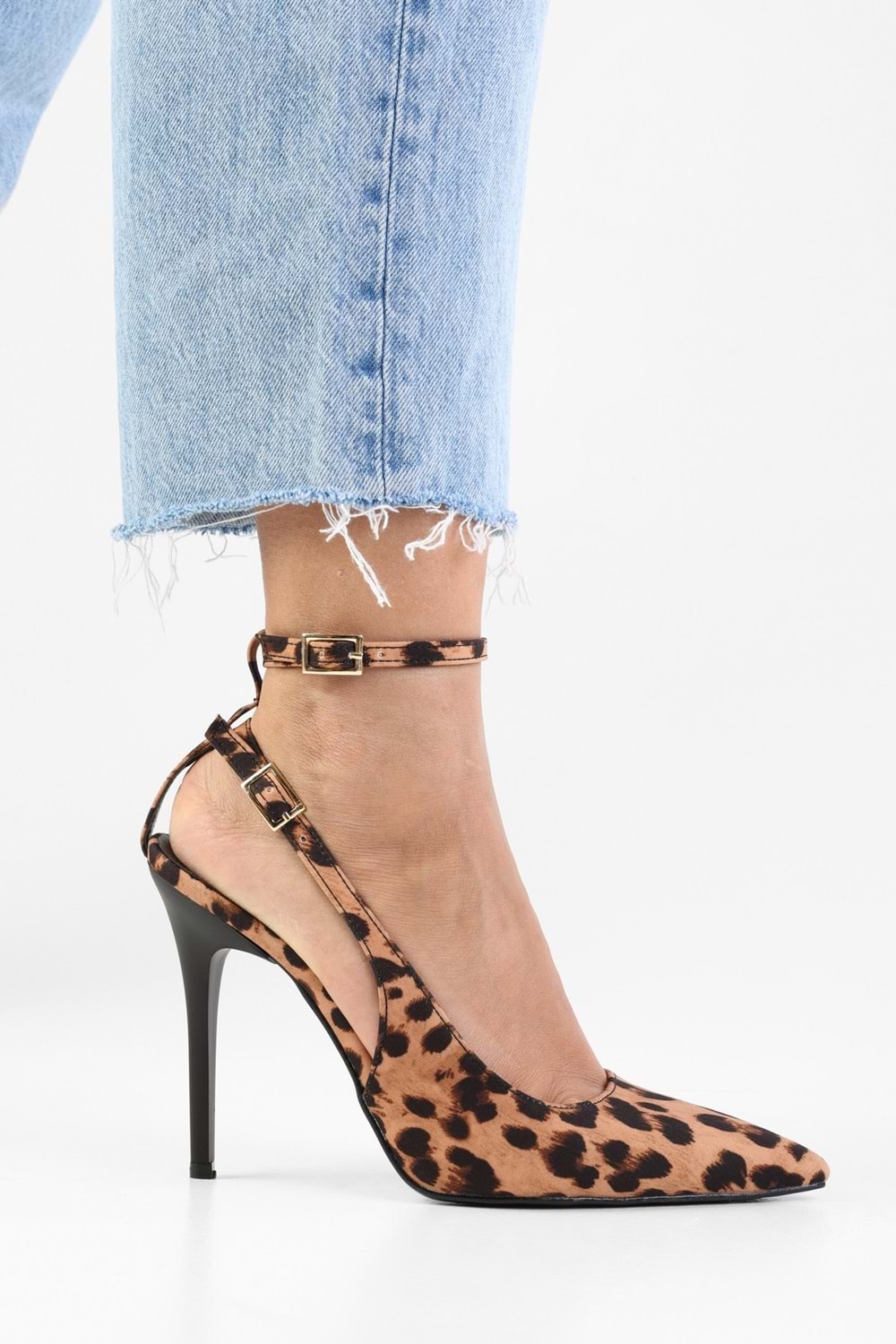 Kadın Mila Leopar Zara Saten Kemerli Bilekten Bağlı Stiletto
