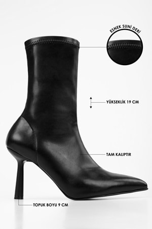Kadın Glove Siyah Cilt Streç Topuklu Bot