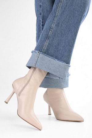 Kadın Glove Bej Cilt Streç Topuklu Bot