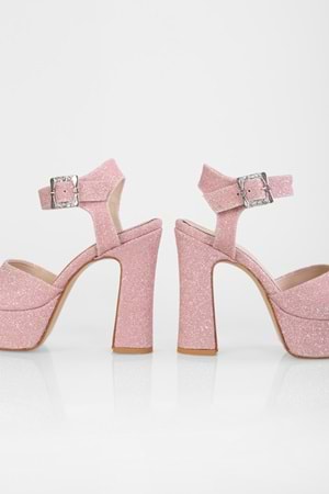 Kadın Lindy Pembe Cam Kırığı Simli Platform Topuklu Ayakkabı