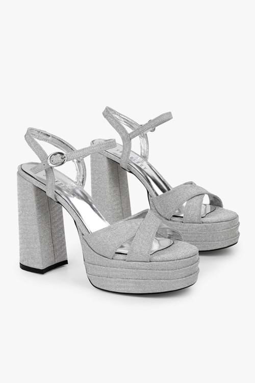 Kadın Eliva Gümüş Simli Platform Topuklu Ayakkabı