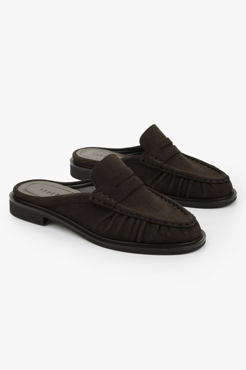 Kadın Mavien Kahve Süet Büzgülü Terlik Loafer