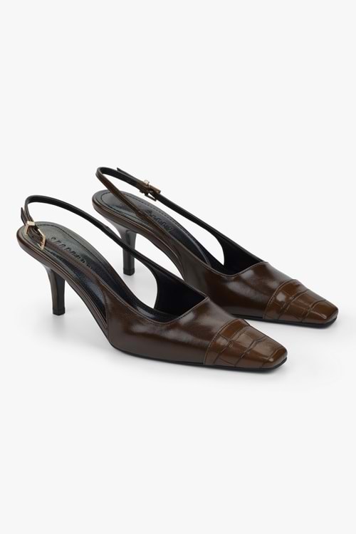 Kadın Dona Kahve Kroko Küt Burunlu Topuklu Stiletto