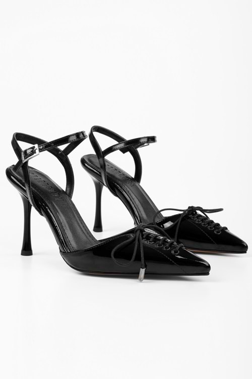 Kadın Zenya Siyah Rugan Bağcıklı Fiyonk Detaylı Topuklu Stiletto