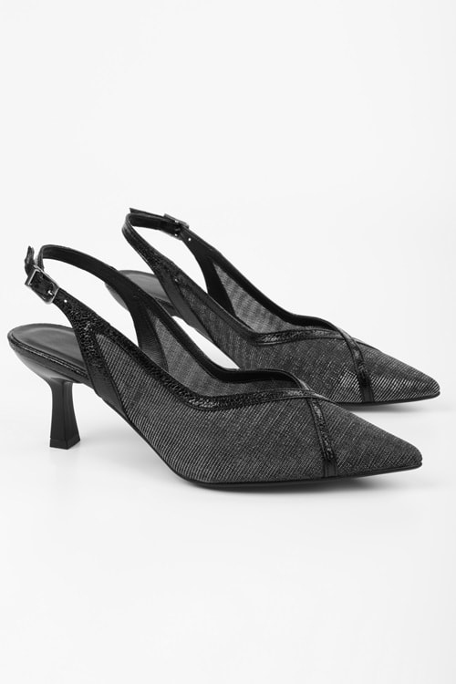 Kadın Lunara Siyah File Detaylı Kısa Topuklu Stiletto
