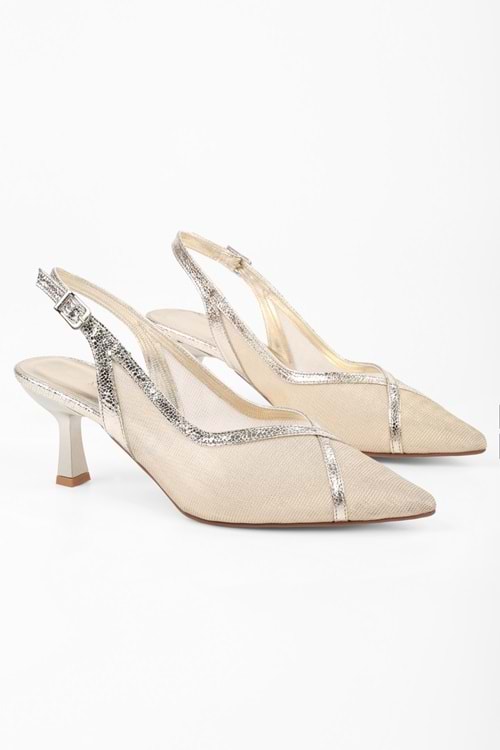 Kadın Lunara Altın File Detaylı Kısa Topuklu Stiletto