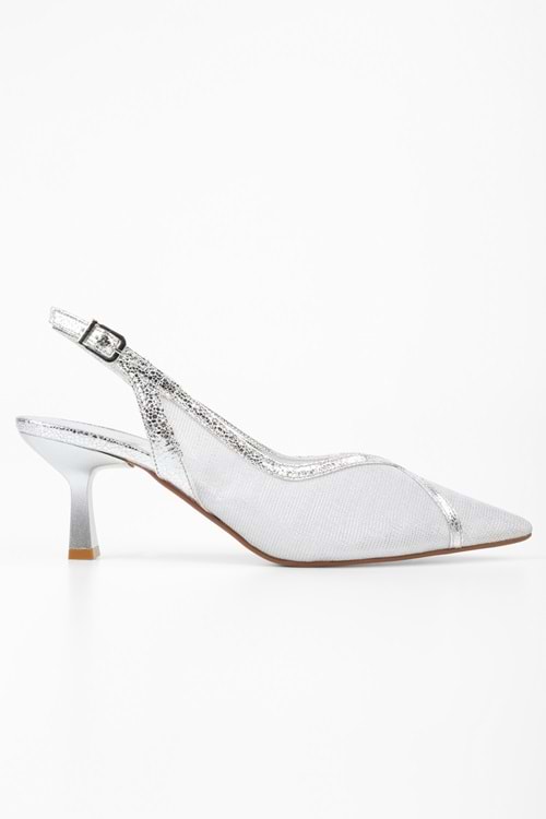 Kadın Lunar Gümüş File Detaylı Kısa Topuklu Stiletto