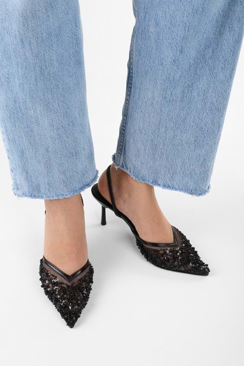 Kadın Melina Siyah Tül Pul Boncuk İşlemeli Stiletto