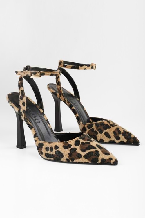 Kadın Martini Leopar Desenli Tüylü Kemerli Bilek Bağlı Stiletto