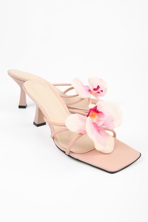Kadın Orchid Pudra Cilt Çiçek Tokalı Topuklu Terlik