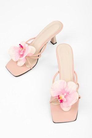 Kadın Orchid Pudra Cilt Çiçek Tokalı Topuklu Terlik