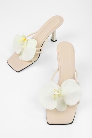 Kadın Orchid Bej Cilt Çiçek Tokalı Topuklu Terlik