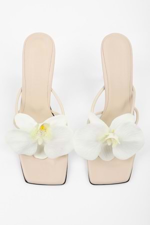 Kadın Orchid Bej Cilt Çiçek Tokalı Topuklu Terlik