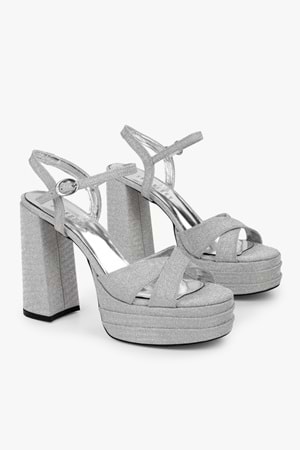 Kadın Eliva Gümüş Simli Platform Topuklu Ayakkabı