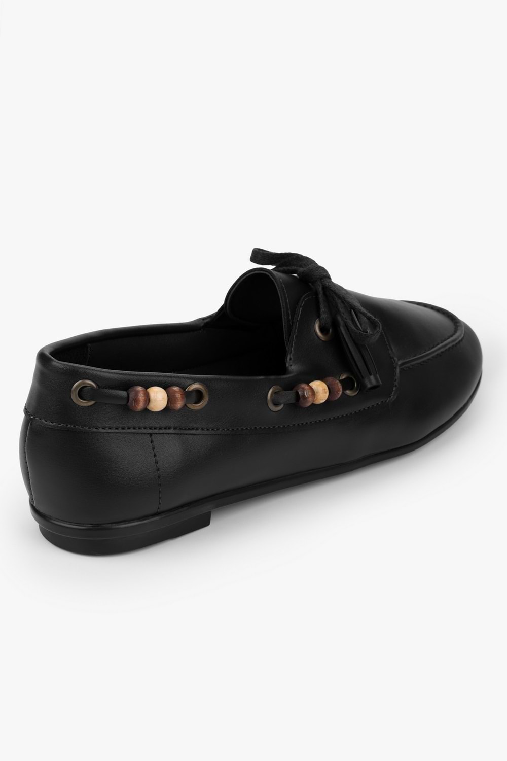 Kadın Costa Siyah Cilt Boncuk Aksesuarlı Bağcıklı Loafer