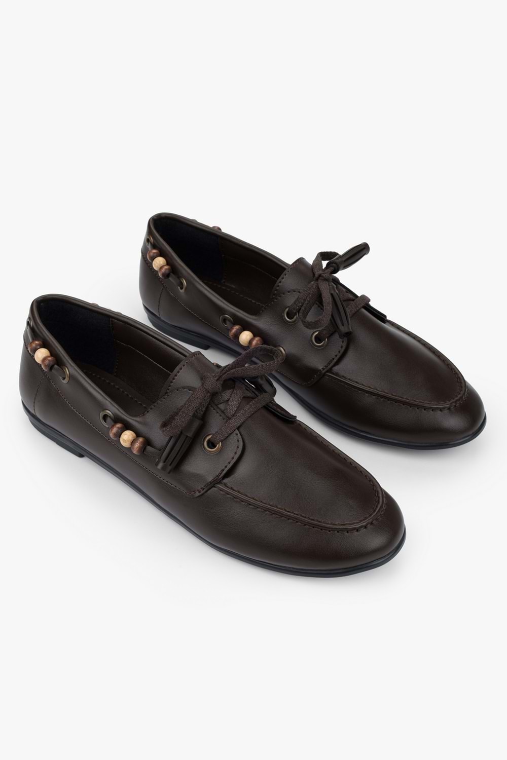 Kadın Costa Kahve Cilt Boncuk Aksesuarlı Bağcıklı Loafer