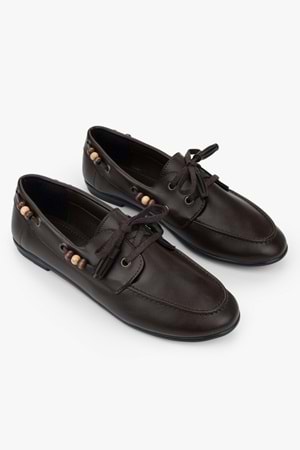 Kadın Costa Kahve Cilt Boncuk Aksesuarlı Bağcıklı Loafer