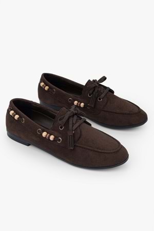 Kadın Costa Kahve Süet Boncuk Aksesuarlı Bağcıklı Loafer