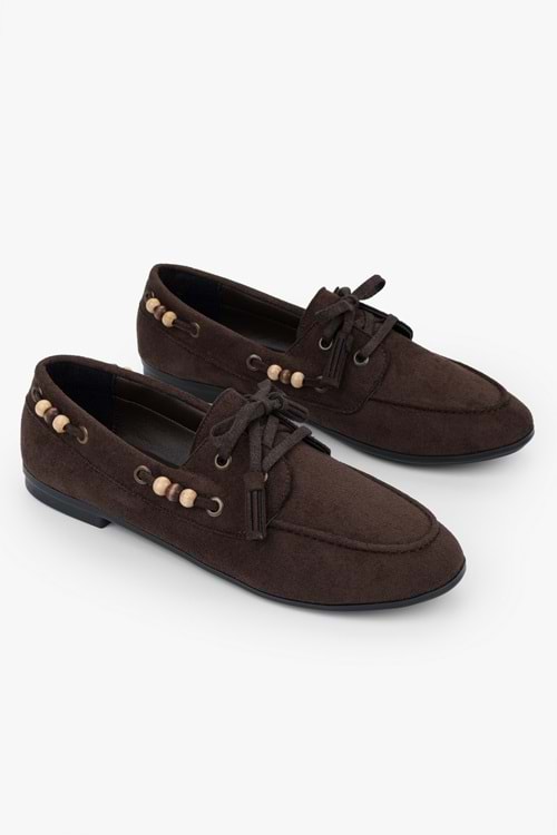 Kadın Costa Kahve Süet Boncuk Aksesuarlı Bağcıklı Loafer
