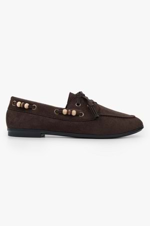 Kadın Costa Kahve Süet Boncuk Aksesuarlı Bağcıklı Loafer