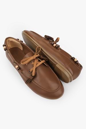 Kadın Costa Taba Cilt Boncuk Aksesuarlı Bağcıklı Loafer