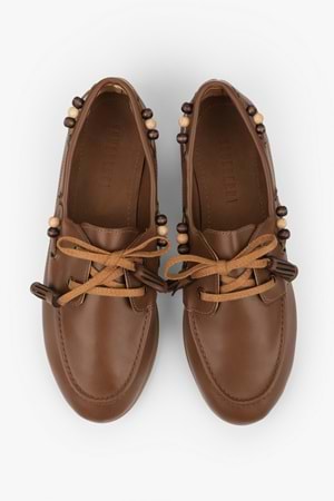 Kadın Costa Taba Cilt Boncuk Aksesuarlı Bağcıklı Loafer