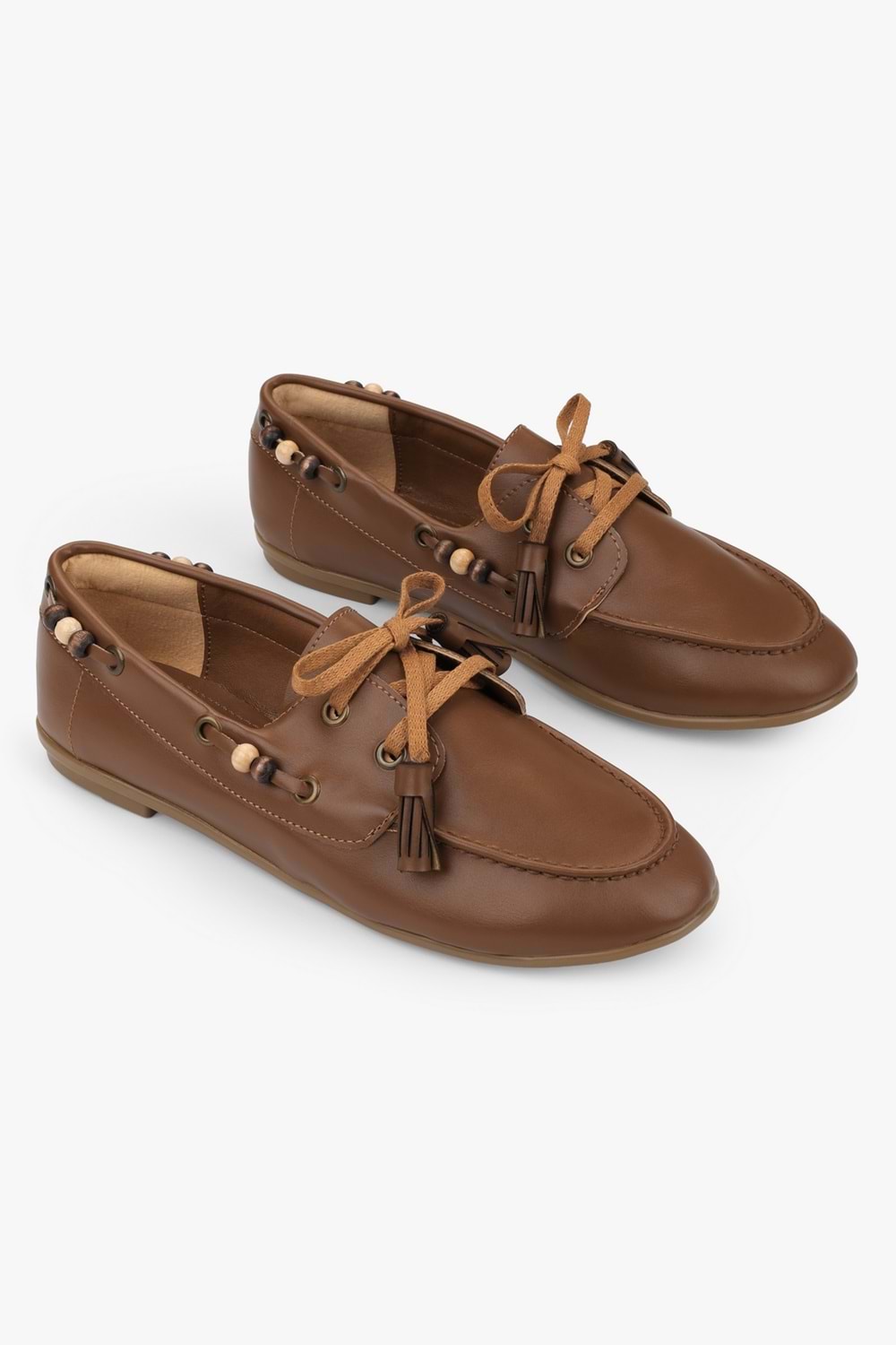 Kadın Costa Taba Cilt Boncuk Aksesuarlı Bağcıklı Loafer