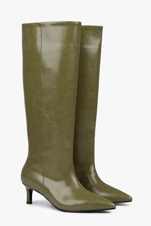 Kadın Blaze Yağ Yeşili Cilt Kısa Sivri Topuklu Çizme