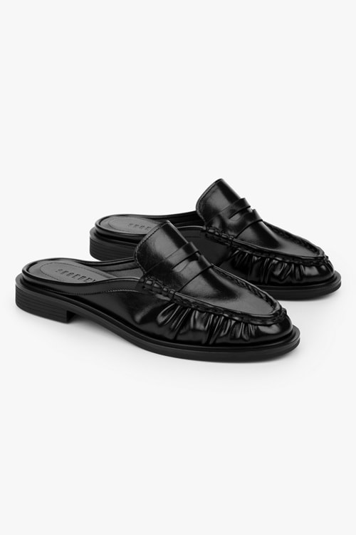 Kadın Mavien Siyah Cilt Büzgülü Terlik Loafer