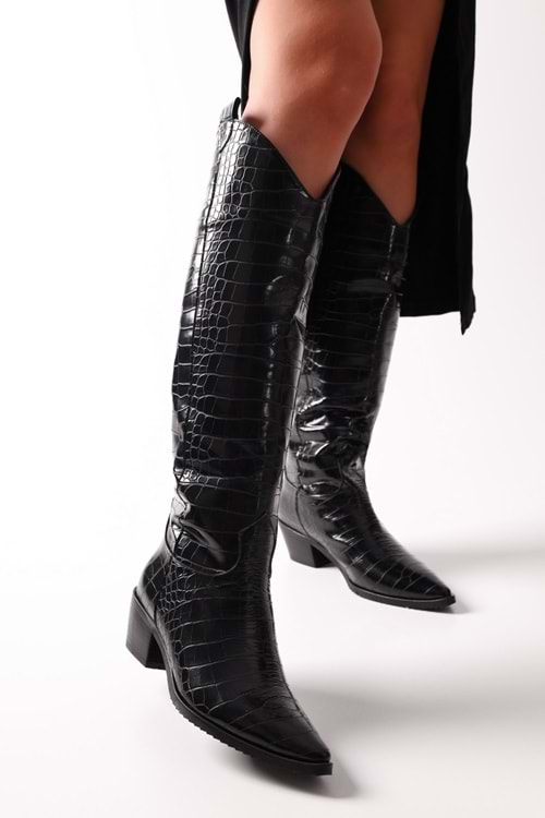 Kadın Meot Siyah Kroko Rugan Topuklu Western Binici Çizme