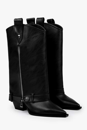 Kadın Astral Siyah Cilt Fermuar Detaylı Kovboy Çizme