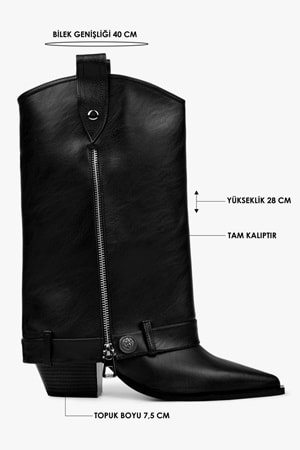 Kadın Astral Siyah Cilt Fermuar Detaylı Kovboy Çizme