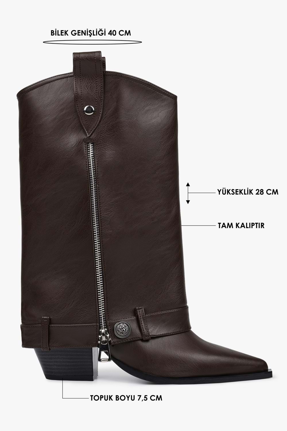 Kadın Astral Kahve Cilt Fermuar Detaylı Kovboy Çizme
