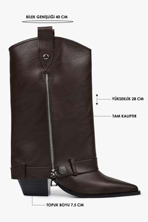 Kadın Astral Kahve Cilt Fermuar Detaylı Kovboy Çizme