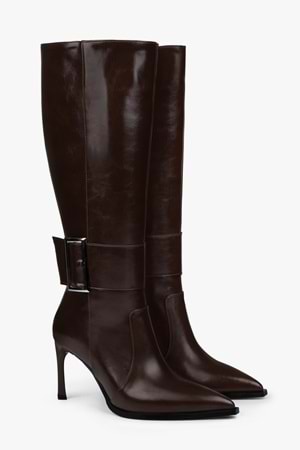 Kadın Emma Kahve Cilt Tokalı Topuklu Çizme