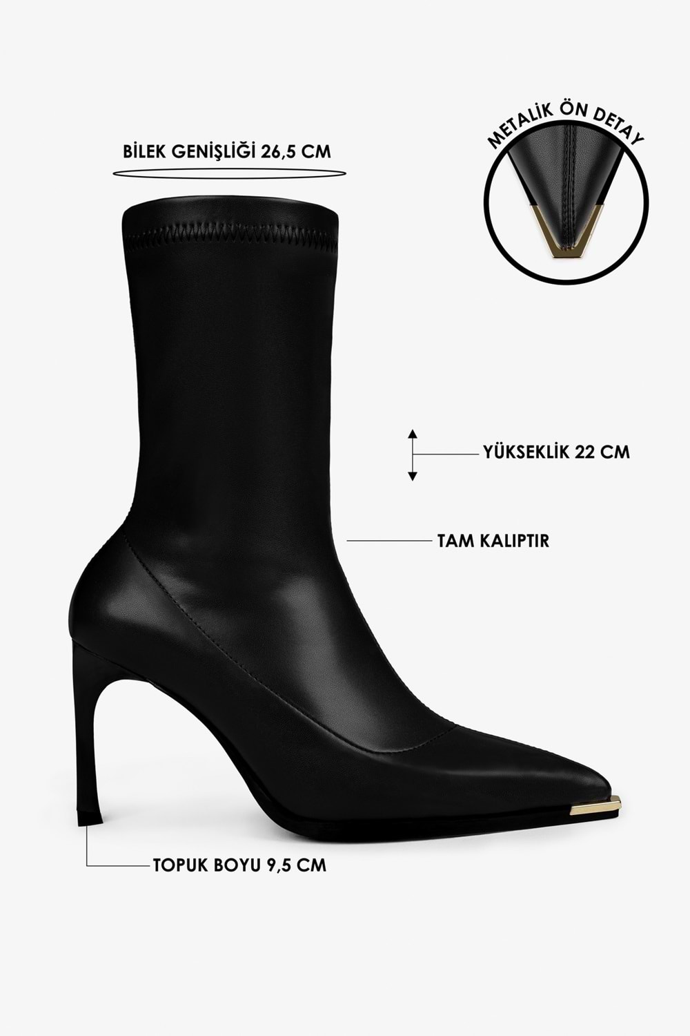 Kadın Belin Siyah Cilt Önü Metal Detaylı Streç Topuklu Bot