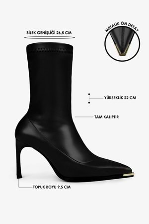 Kadın Belin Siyah Cilt Önü Metal Detaylı Streç Topuklu Bot