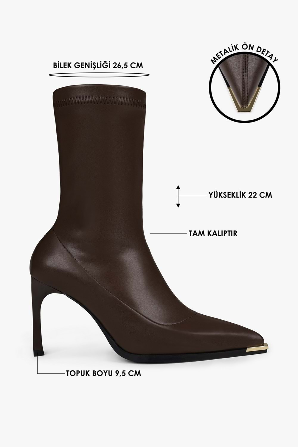 Kadın Belin Kahve Cilt Önü Metal Detaylı Streç Topuklu Bot