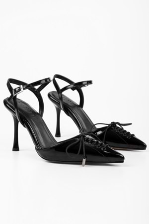 Kadın Zenya Siyah Rugan Bağcıklı Fiyonk Detaylı Topuklu Stiletto