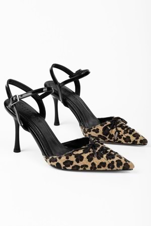 Kadın Zenya Leopar Tüylü Bağcıklı Fiyonk Detaylı Topuklu Stiletto