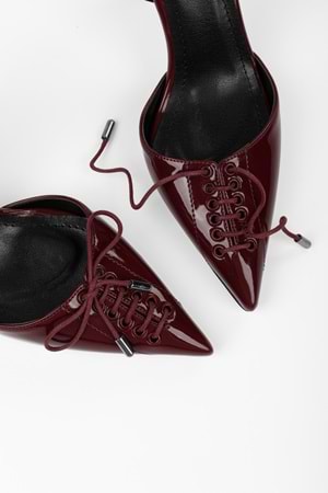 Kadın Zenya Bordo Rugan Bağcıklı Fiyonk Detaylı Topuklu Stiletto