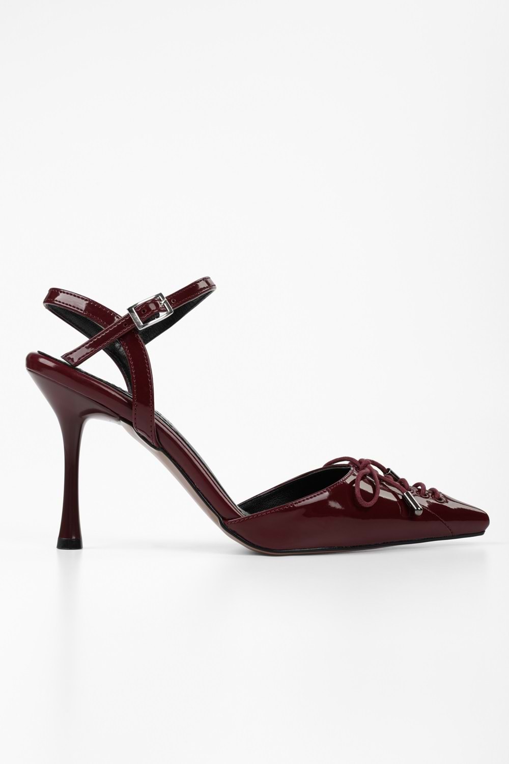 Kadın Zenya Bordo Rugan Bağcıklı Fiyonk Detaylı Topuklu Stiletto