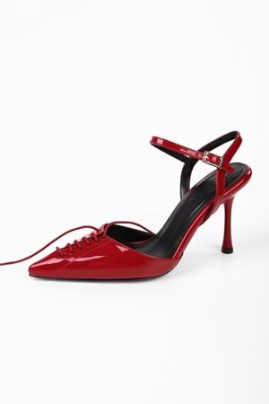 Kadın Zenya Kırmızı Rugan Bağcıklı Fiyonk Detaylı Topuklu Stiletto