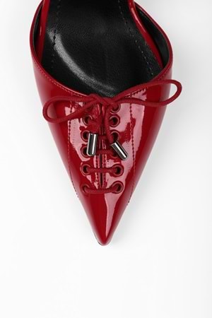 Kadın Zenya Kırmızı Rugan Bağcıklı Fiyonk Detaylı Topuklu Stiletto