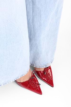 Kadın Zenya Kırmızı Rugan Bağcıklı Fiyonk Detaylı Topuklu Stiletto