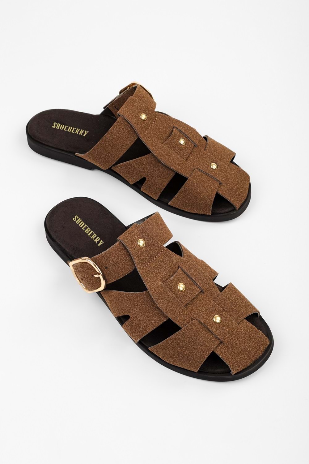 Kadın Sole Taba Süet Trok Detaylı Kemerli Terlik