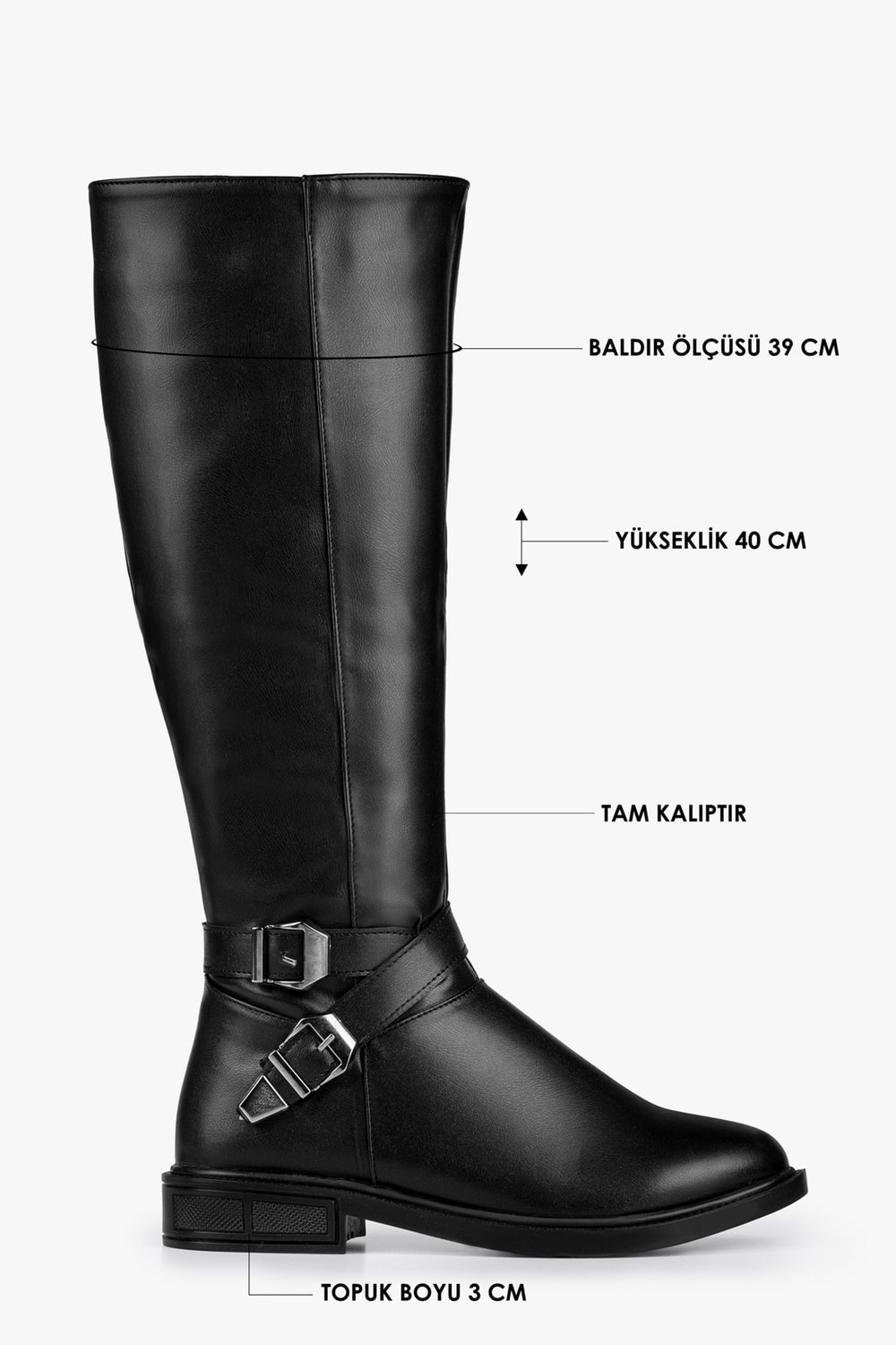 Kadın Steele Siyah Cilt Tokalı Düz Topuklu Çizme