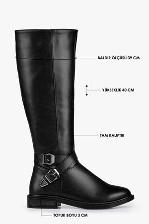 Kadın Steele Siyah Cilt Tokalı Düz Topuklu Çizme
