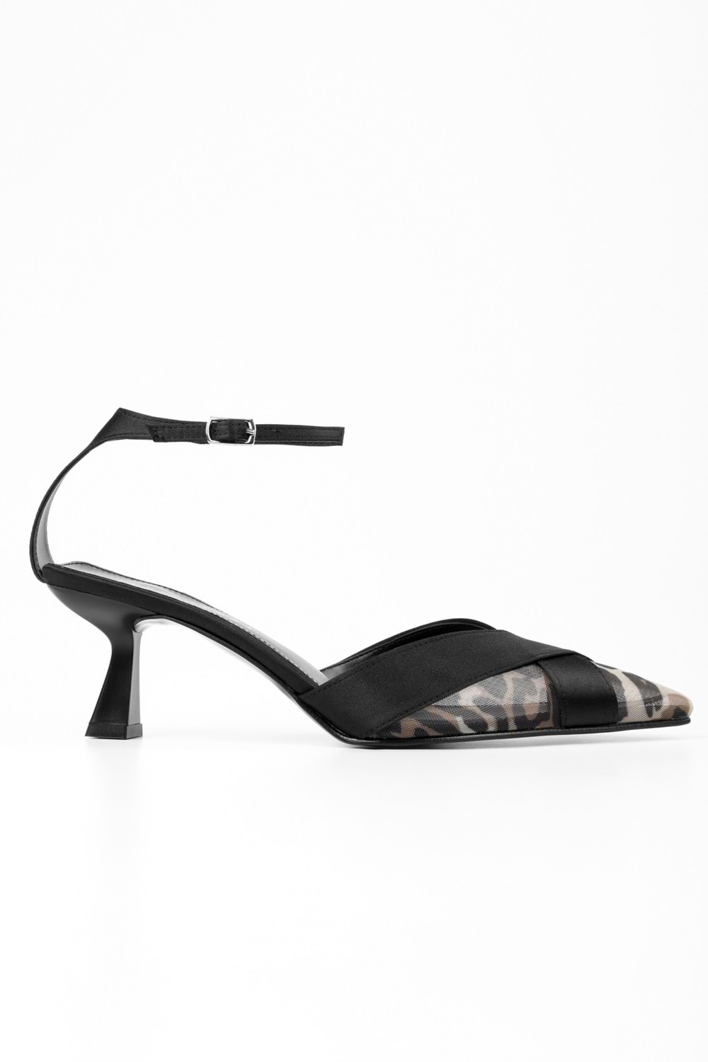 Kadın Oira Siyah Leopar Desenli Saten Stiletto